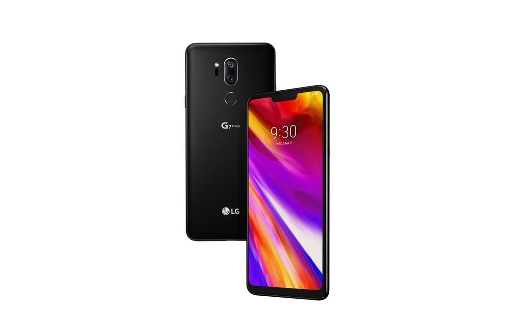 LG G7 smartphone from two different angles; firstly from the back with the camera lens in view and secondly from the side, with the screen and new notch look in view