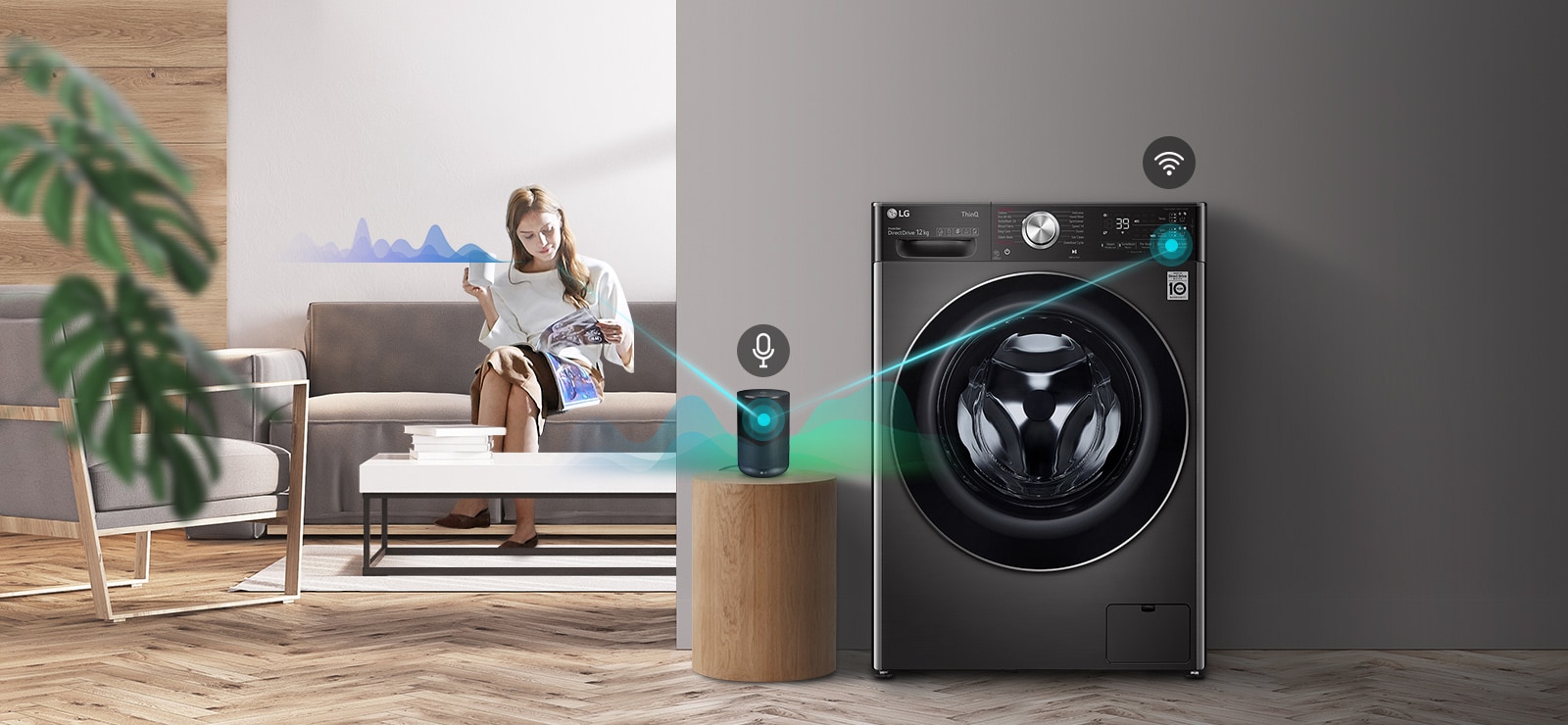 A woman sitting on the couch and drinking tea is giving orders to her washing machine through her AI speaker.