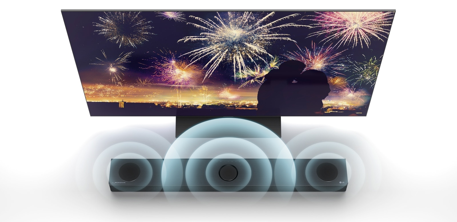 In bird's eye view, LG TV is standing on the floor and LG Sound bar is right below TV in the infinite space. On the TV screen, a silhouette of a couple on the background of fireworks. Soundwave graphics are coming from the center, left, and right speaker of the top of sound bar.