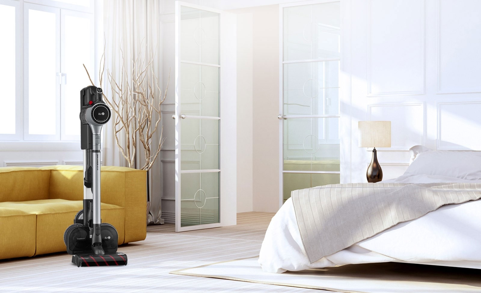 Three images show the vacuum cleaner in the charging stand in various locations:  the first has the charging stand next to a couch, the second it is next to a desk, and the third it is next to a bed.