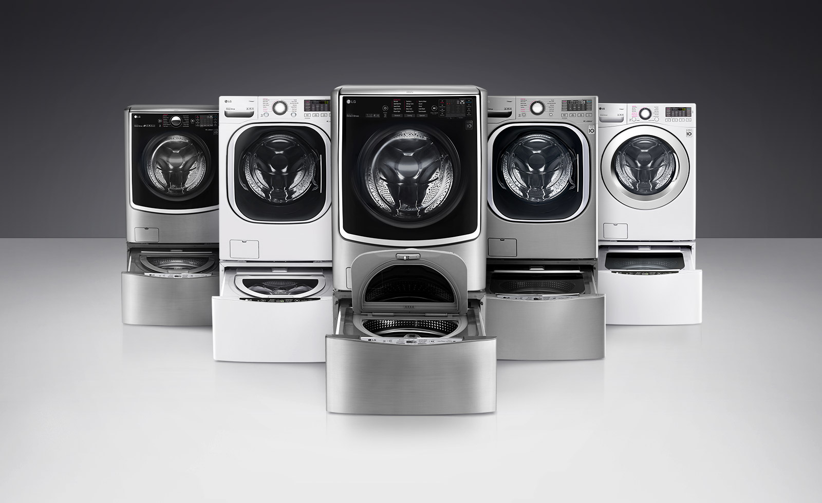 The LG TWINWash Mini is shown on the bottom of five different LG front loading washers.