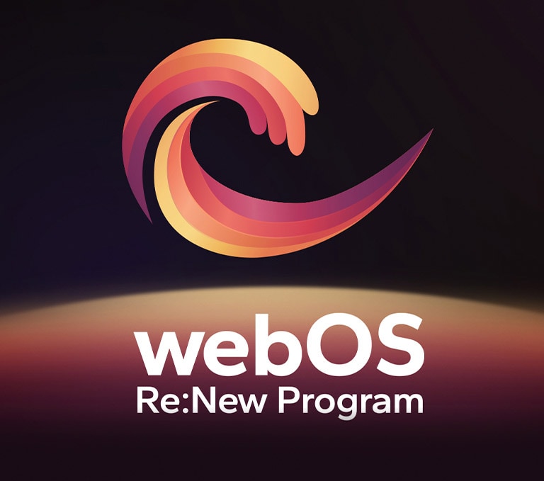 Logo webOS Re:New Program je na čiernom pozadí v žltej a oranžovej farbe, v spodnej časti je fialová guľa.