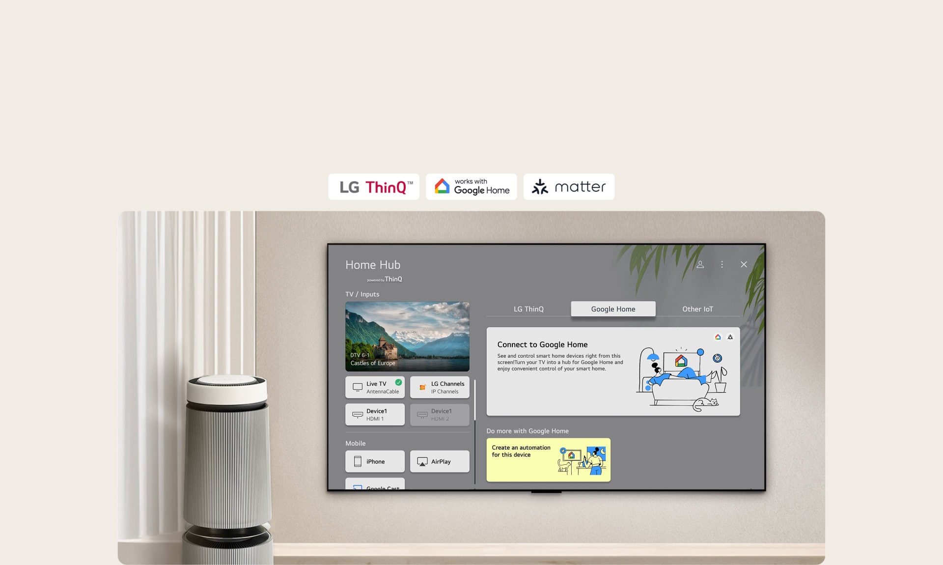 LG TV s Home Hub na obrazovke. UI zobrazuje Google Home, ThinQ a iné IoT ukazujúce, ako môžete na televízore jednoducho spravovať všetky svoje inteligentné zariadenia.