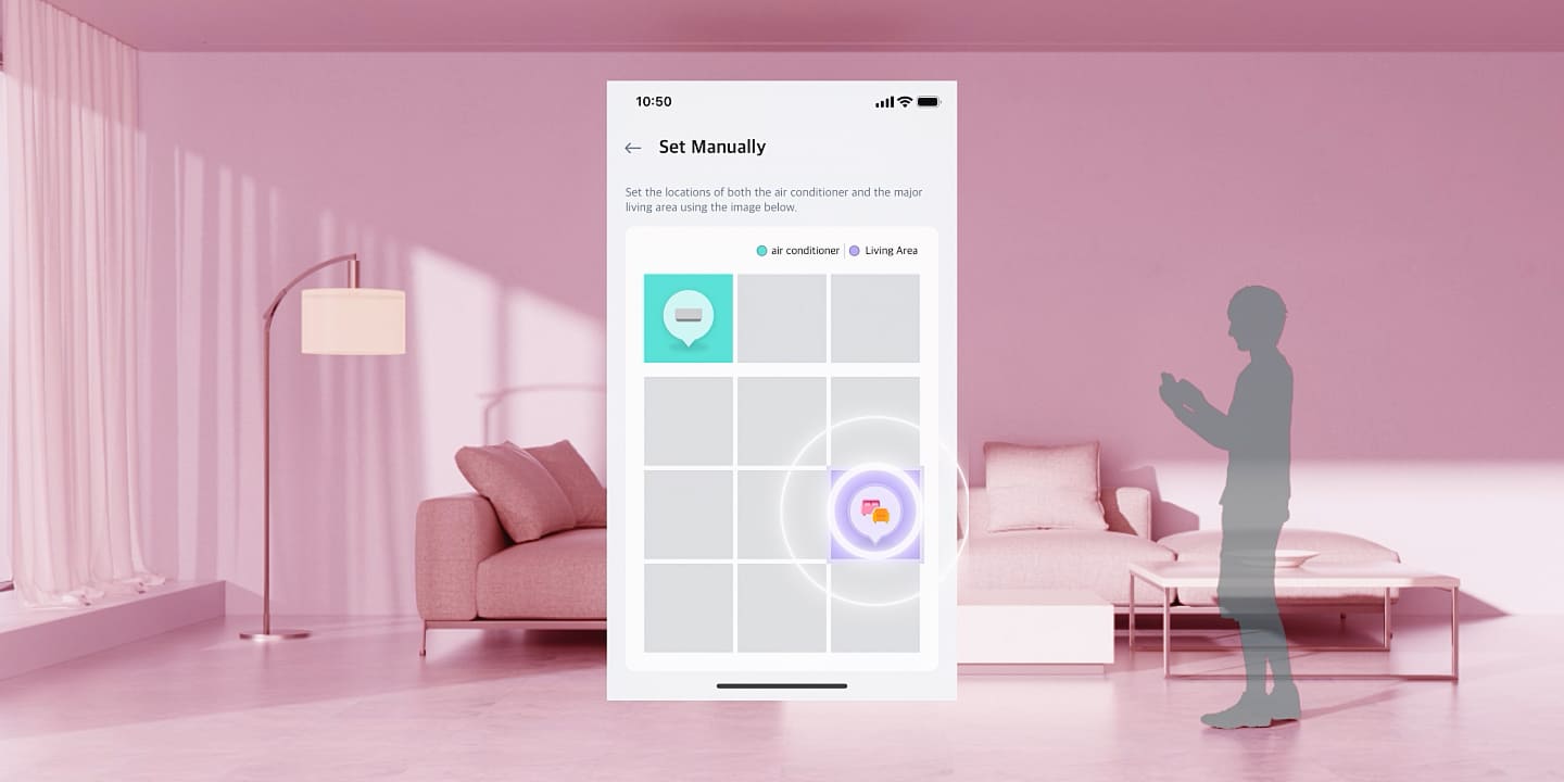 Klimatizácia LG s AI Air sníma izbovú teplotu a polohu človeka a nastavuje prúdenie vzduchu na udržanie nastavenej teploty.