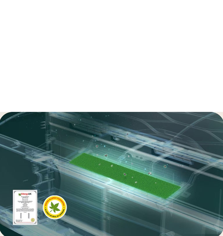 Klimatizácia s filtrom proti alergénom, ktorý zachytáva častice, s certifikátom a značkou Allergy UK.