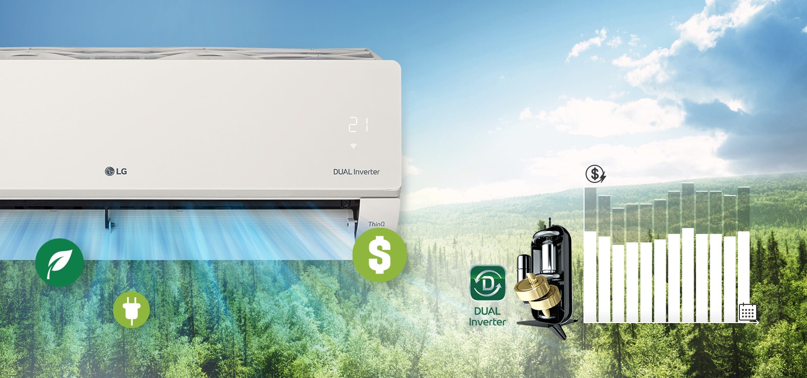 V pozadí sa nachádza panoráma lesa, pričom naboku vidno polovicu klimatizácie LG. Na zariadení vidno logá LG a Dual Inverter, pričom panel kvality vzduchu svieti nazeleno. Z prednej časti klimatizácie prúdi vzduch, v ktorom sa nachádzajú tri ikony indikujúce čistý vzduch, peniaze a energiu. Vpravo od zariadenia sa nachádza logo Dual Inverter a obrázok duálneho invertora. Ešte viac vpravo sa nachádza pruhový graf. Pruhy stúpajú, čo indikuje väčšie výdavky, a potom klesajú, čo znamená, že duálny invertor šetrí zákazníkom peniaze.