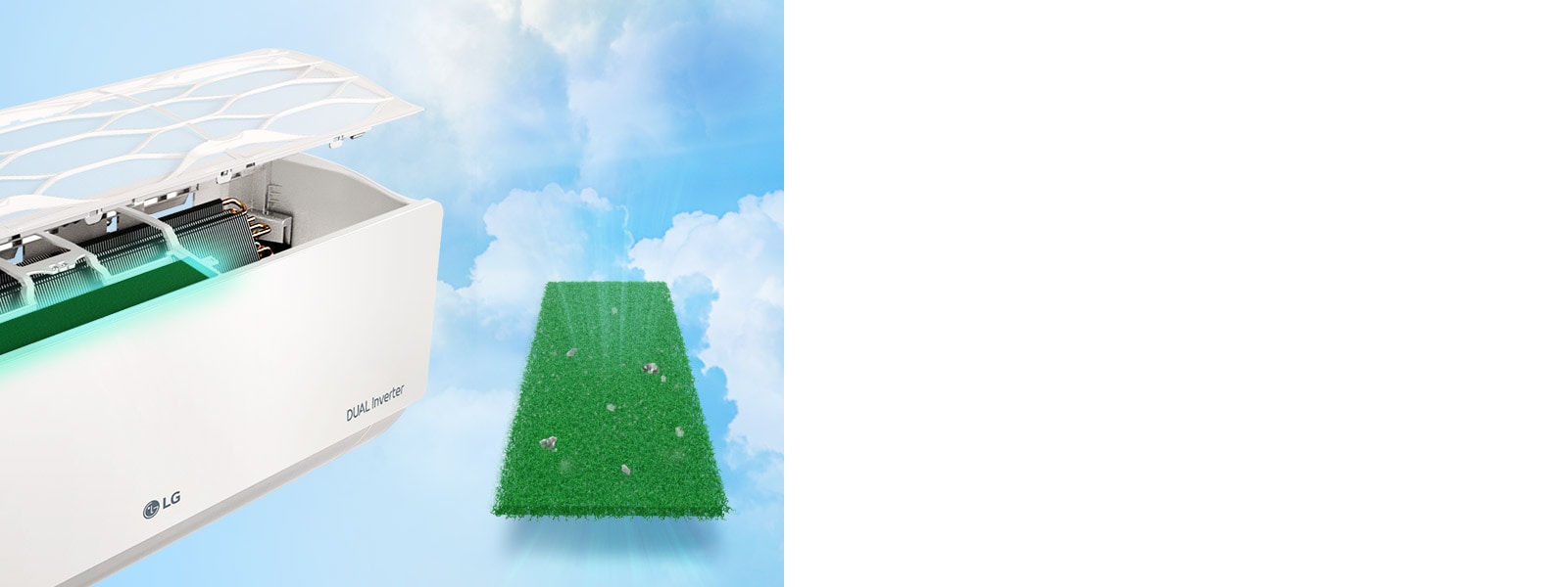 Pohľad zboku na klimatizáciu. Nad ňou sú vysunuté filtre, aby bolo vidno filter alergénov nainštalovaný vnútri. Vedľa zariadenia sa nachádza celý zelený filter alergénov, v ktorom sú zachytené roztoče. V pravom hornom rohu sa nachádza logo Allergy Filter.