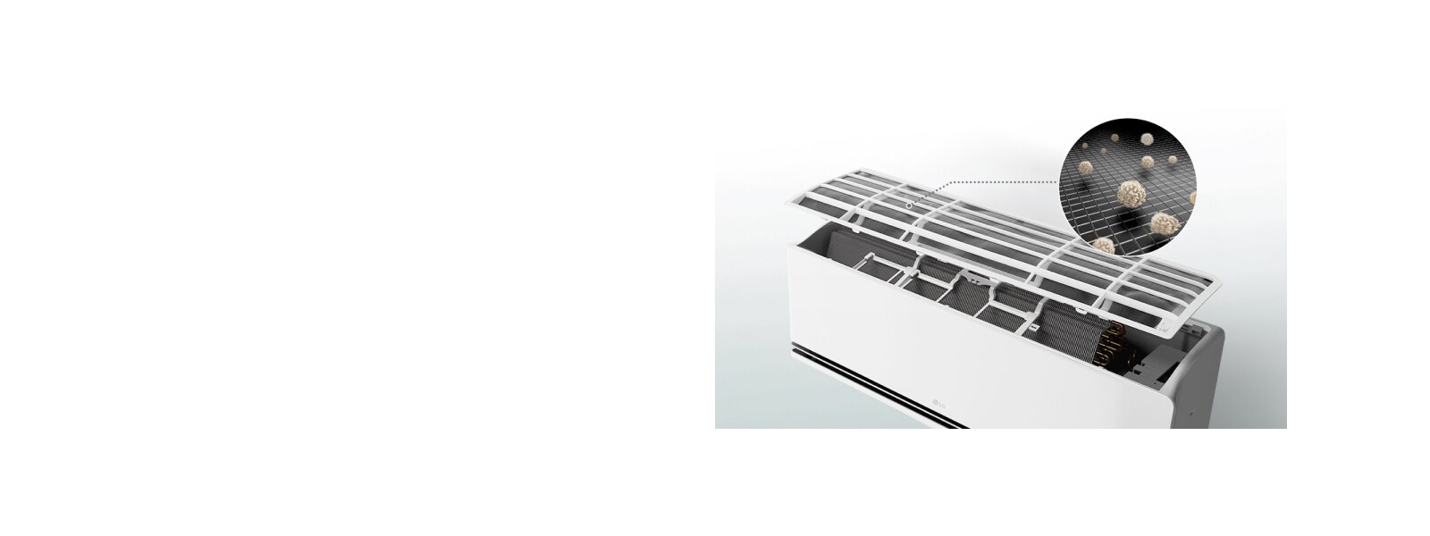 Klimatizácia LG s otvoreným panelom ukazujúcim predfilter zachytávajúci prachové častice pri pohľade zblízka.