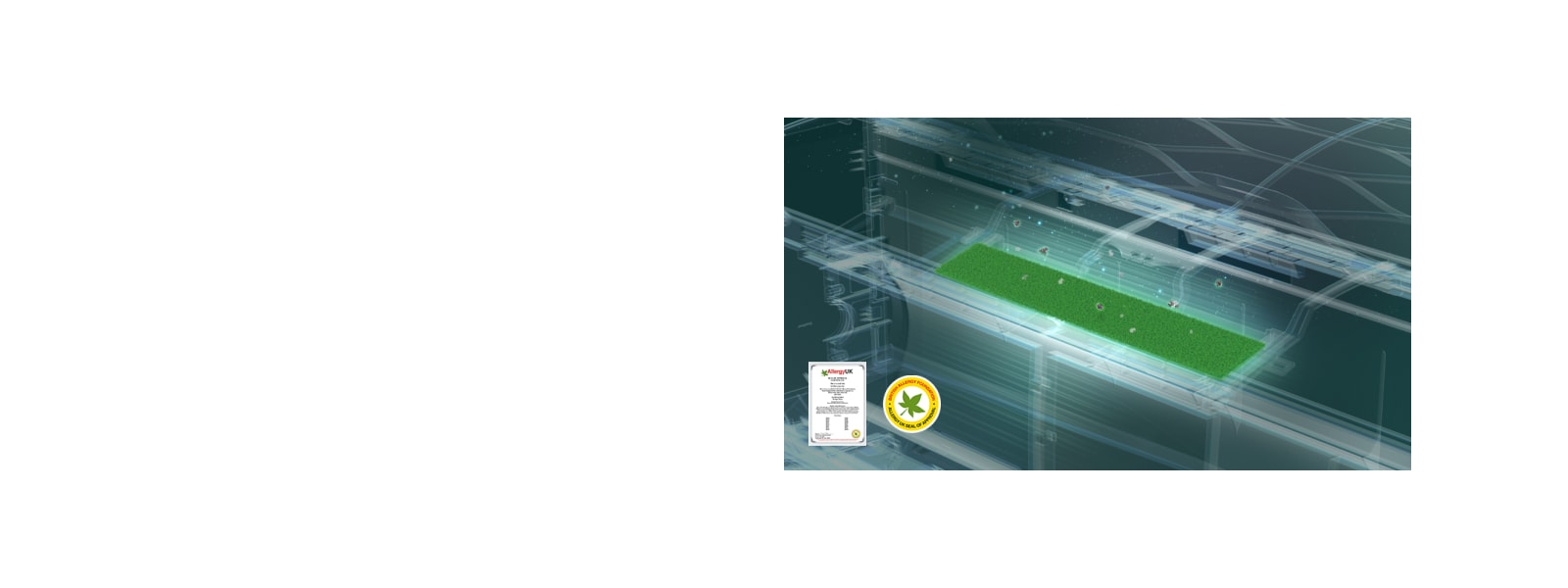 Air conditioner featuring an allergy filter capturing particles, with Allergy UK certification and mark displayed.