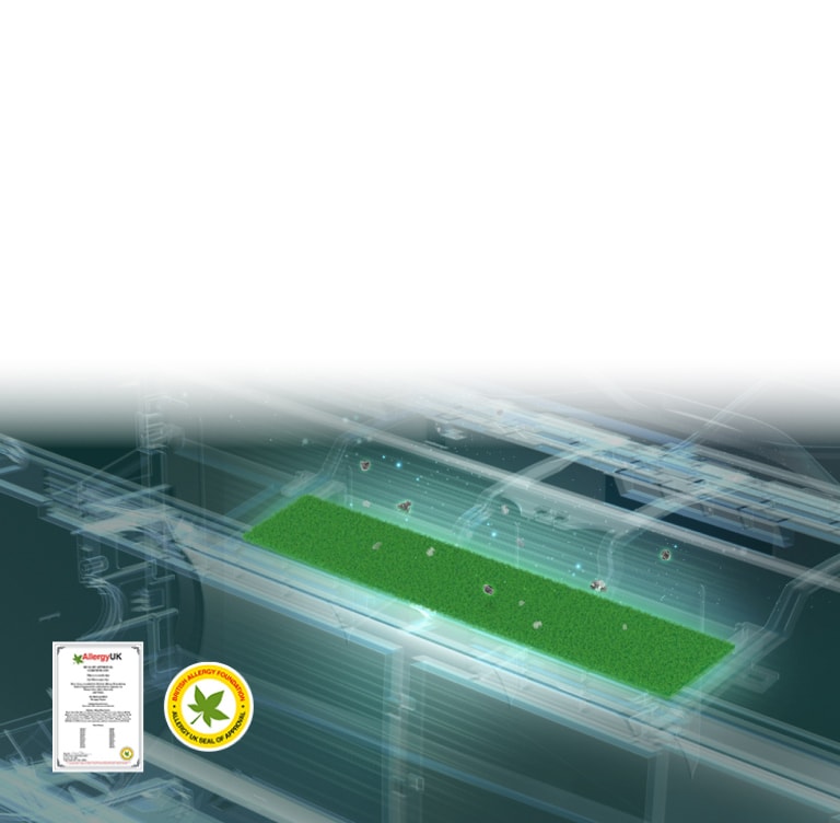 Air conditioner featuring an allergy filter capturing particles, with Allergy UK certification and mark displayed.