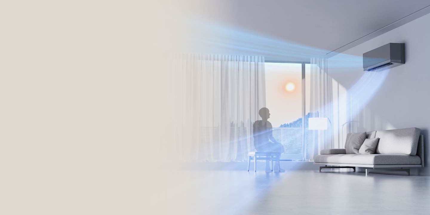 Klimatizácia LG v obývacej izbe používa radarový senzor na nastavenie smeru prúdenia vzduchu na základe teploty v miestnosti.