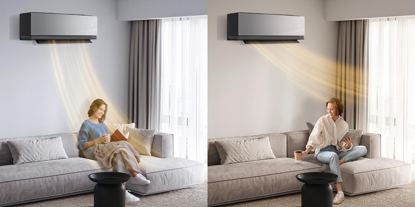 Žena užívajúca si funkciu AI Heating klimatizácie LG a poskytujúca prispôsobený teplý prúd vzduchu pre pohodlie.