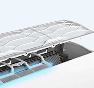 Klimatizáciu LG vidno s otvorenou hornou časťou, ktorá odhaľuje vnútro. Modré neónové svetlo osvetľuje filter vo vnútri. 
