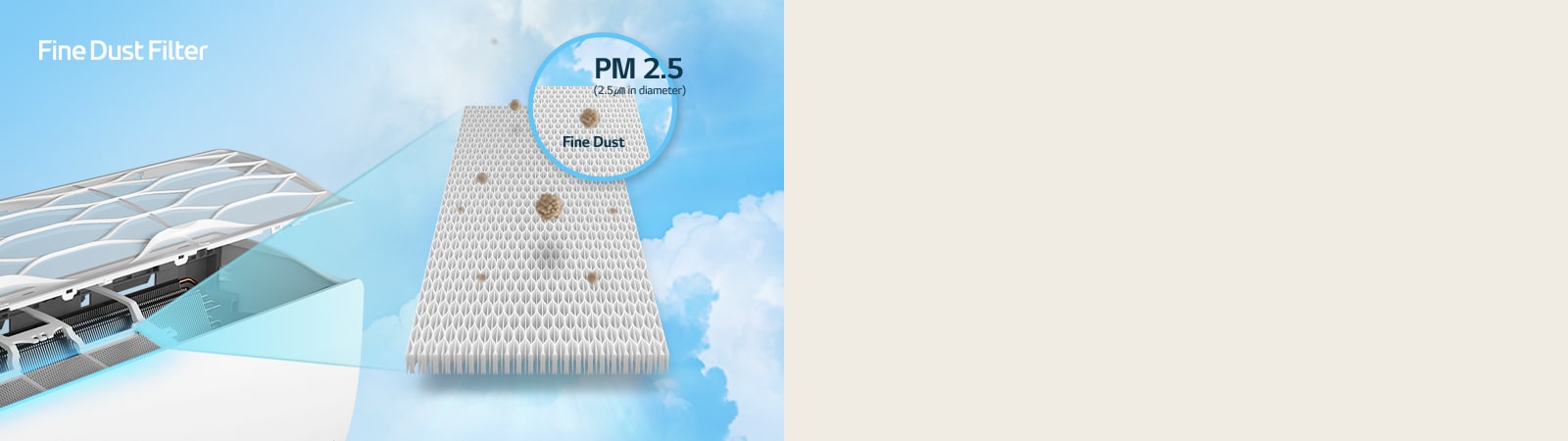 Klimatizáciu LG vidno s otvorenou hornou časťou, ktorá odhaľuje vnútro. Modré neónové svetlo osvetľuje filter vo vnútri. Vedľa klimatizácie sa nachádza filter prachu PM 2.5