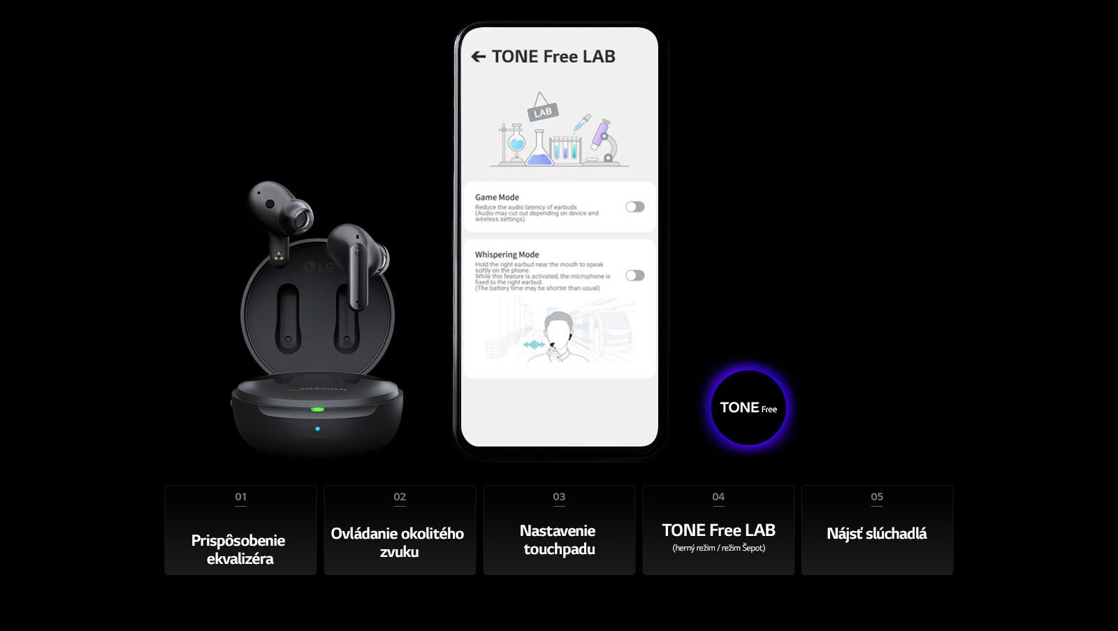 Obrázok obrazovky TONE Free LAB mobilného telefónu a produktu TONE Free vedľa neho.
