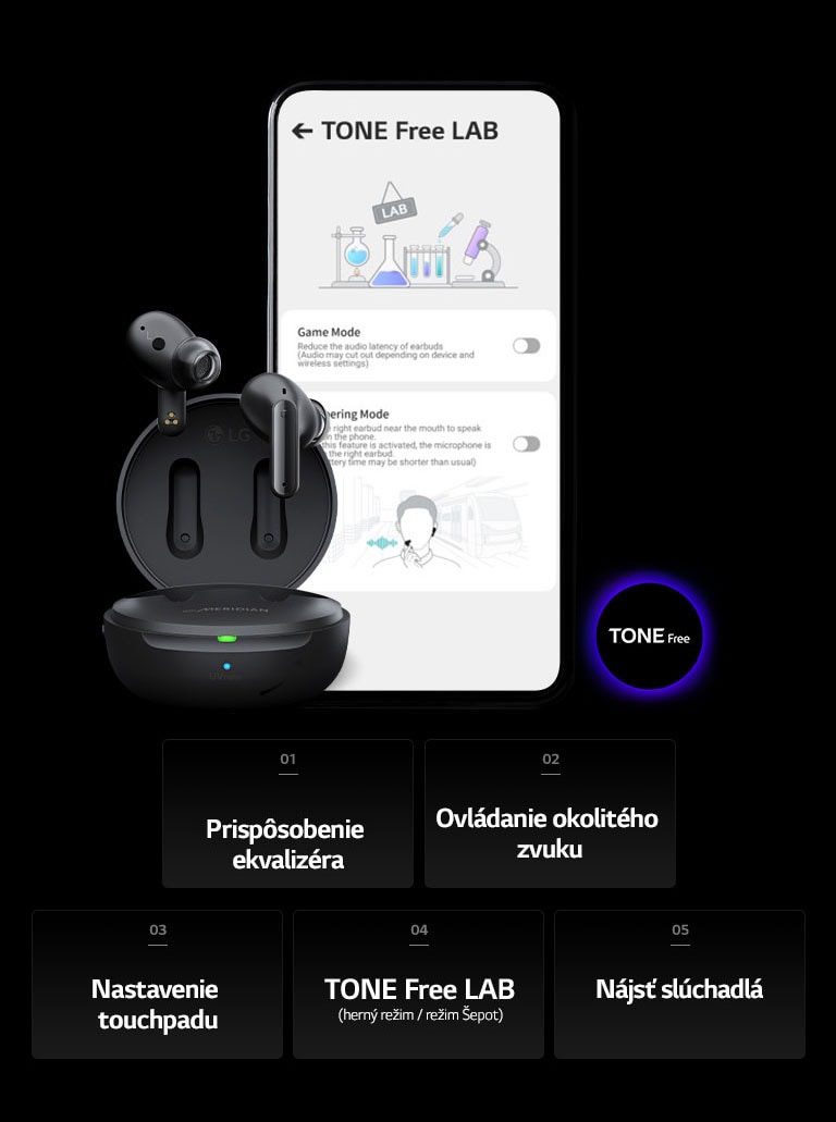 Obrázok obrazovky TONE Free LAB mobilného telefónu a produktu TONE Free vedľa neho.