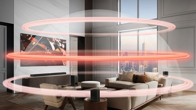 LG Soundbar a LG TV vo veľkom mestskom byte. Postupne sa objavujú tri červené pásy zobrazujúce virtuálne vrstvy a spoja sa do kompletnej zvukovej kupoly.