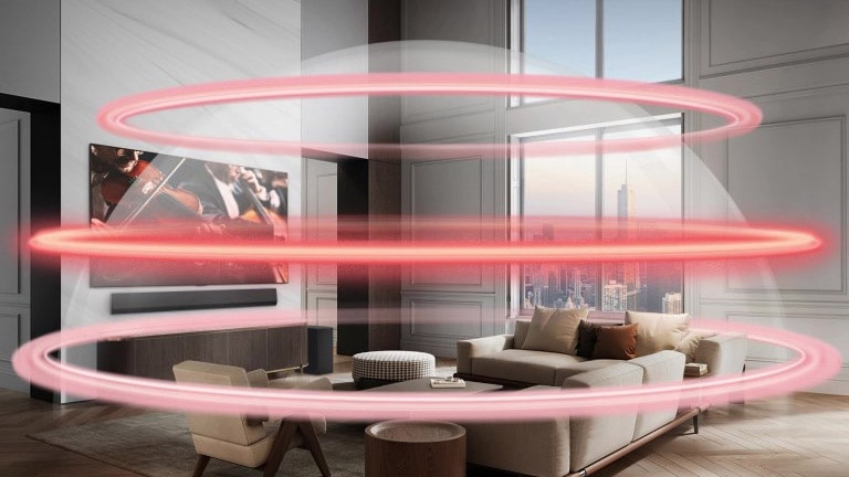 LG Soundbar a LG TV vo veľkom mestskom byte. Postupne sa objavujú tri červené pásy zobrazujúce virtuálne vrstvy a spoja sa do kompletnej zvukovej kupoly.