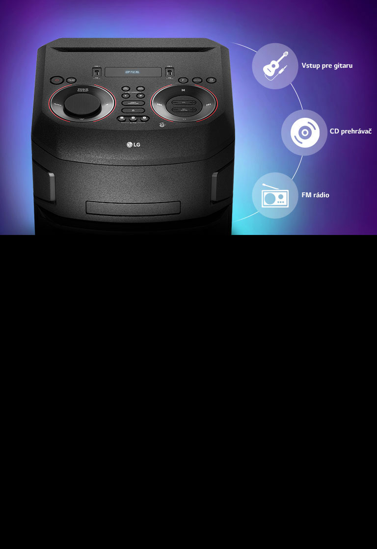 Detailný záber na hornú časť reproduktora LG XBOOM, okolo neho sú zobrazené ikony konektivity.