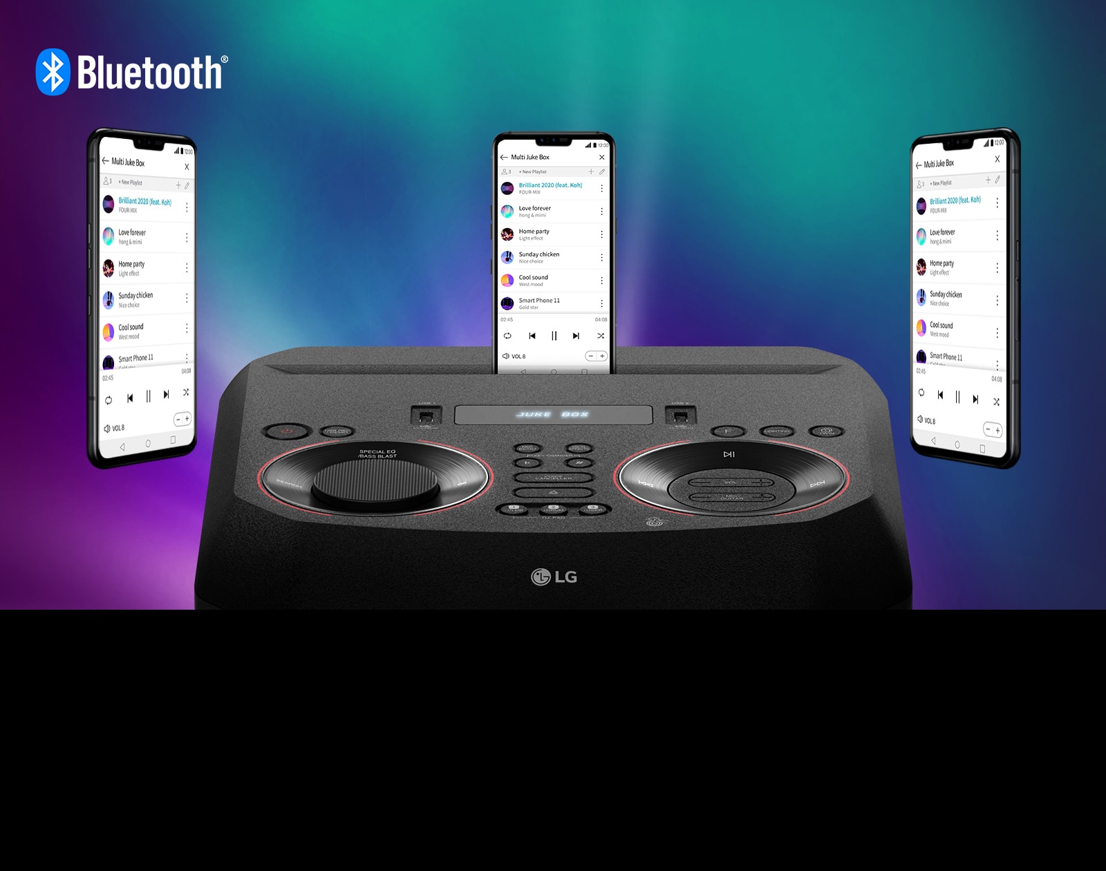 Na reproduktore LG XBOOM je položený smartfón a dva ďalšie smartfóny sa vznášajú okolo. V ľavom hornom rohu je zobrazené logo Bluetooth.
