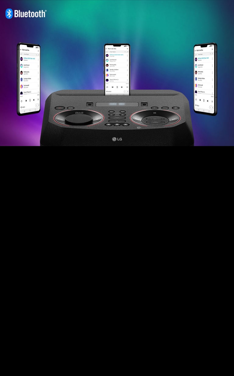 Na reproduktore LG XBOOM je položený smartfón a dva ďalšie smartfóny sa vznášajú okolo. V ľavom hornom rohu je zobrazené logo Bluetooth.