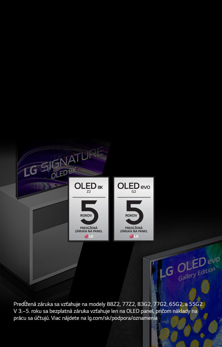 Na ľavej strane obrázka sa nachádza bočný pohľad na televízor LG OLED Z2 na stojane. Pravá strana obsahuje model LG OLED G2 Gallery Design. Logo so zárukou 5 rokov je uprostred obrázka. 