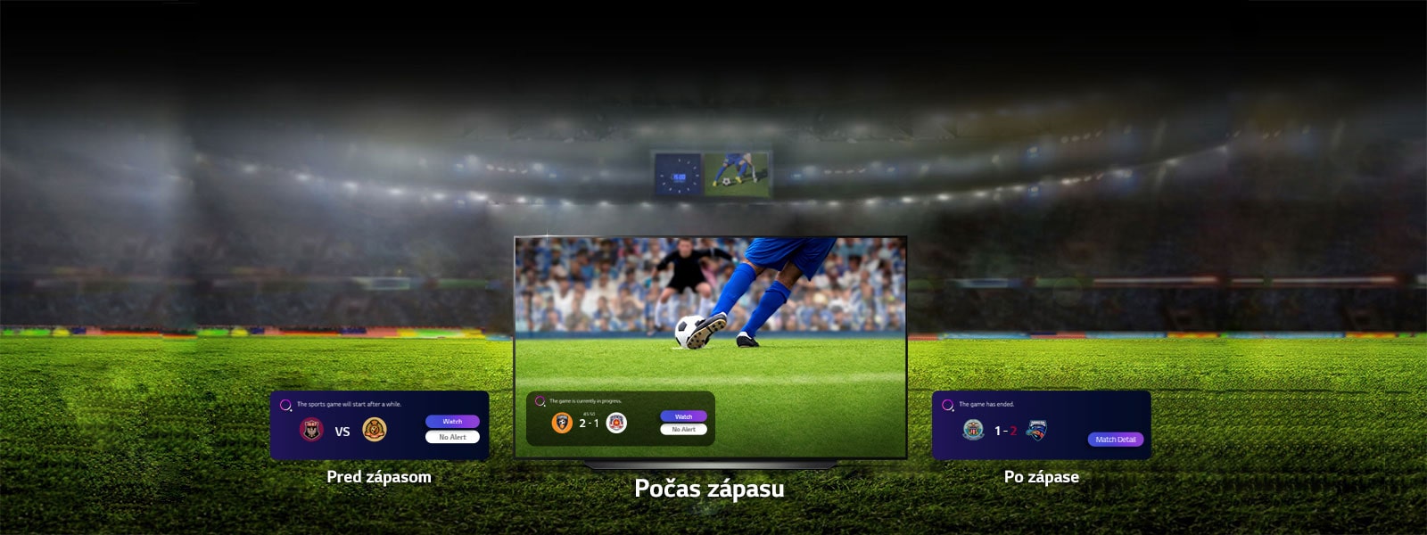 Na obrazovke televízora, ktorý je uprostred štadióna, sa zobrazuje upozornenie na skóre iného zápasu a takisto zobrazuje záber zblízka na nohy futbalistu, ktorý sa chystá k strele. Upozornenie na najbližší zápas sa nachádza na ľavej strane obrazovky televízora. Upozornenie na výsledok ukončeného zápasu sa nachádza na pravej strane obrazovky televízora.