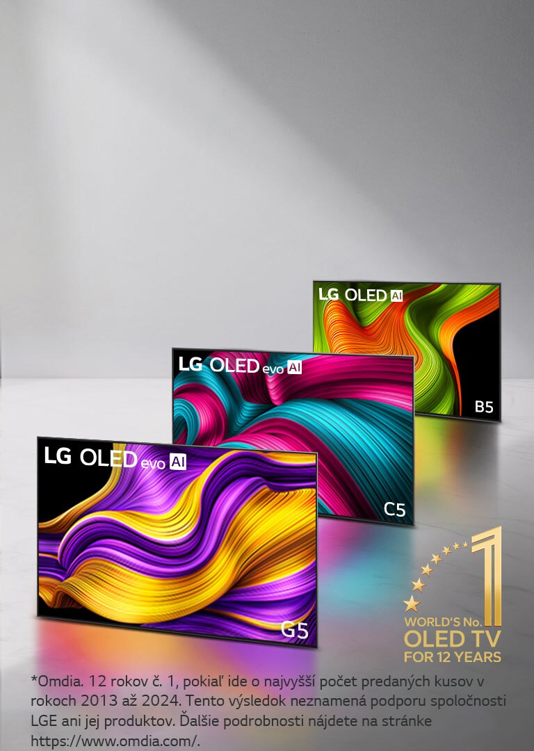 Zostava troch televízorov LG OLED evo AI zoradených v rade – C5, G5 a B5. Na obrázku je emblém „Svetová jednotka medzi televízormi OLED TV už 12 rokov“. 