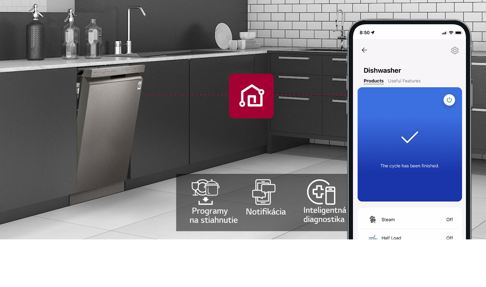 inteligentný telefón zobrazuje LG ThinQ™ v kuchyni spolu s tromi funkciami aplikácie: Cykly sťahovania, Oznámenia a Inteligentná diagnostika.