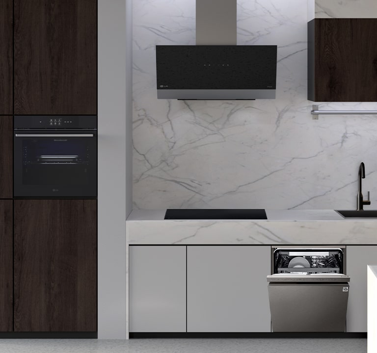 Kuchyňa s umývačkou, rúrou, digestorom a indukčnou varnou doskou LG.