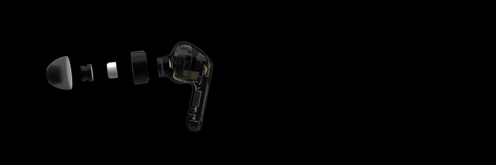 Obrázok čiernych štuplov do uší, ktoré sú rozdelené na štyri časti, aby zobrazil zložitú technológiu, ktorá je do nich zabudovaná