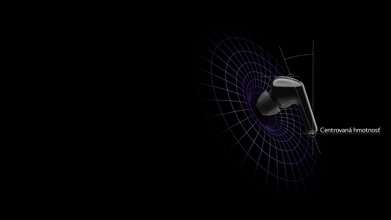 Obrázok sluchátok do uší vo virtuálnom priestore so schématmi ukazujúcimi, že váha je sústredená na hlave sluchátok