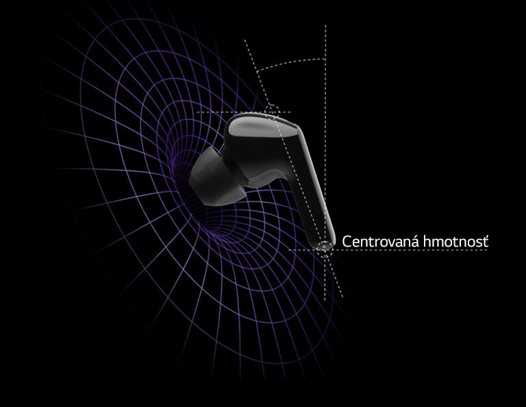 Obrázok sluchátok do uší vo virtuálnom priestore so schématmi ukazujúcimi, že váha je sústredená na hlave sluchátok