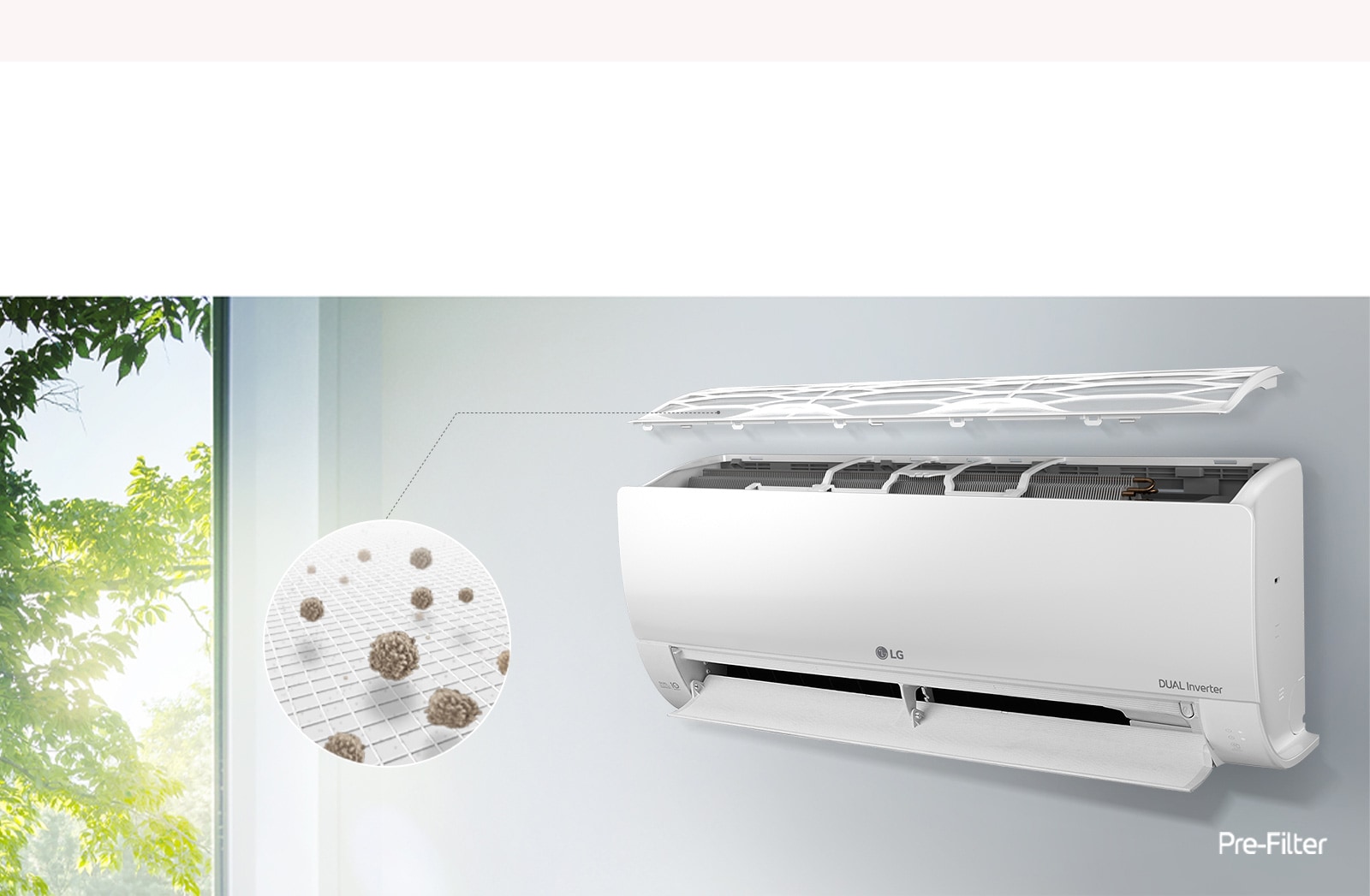 Klimatizácia LG je nainštalovaná na stene a je zobrazená z bočného uhla. Horný panel je umiestnený nad vnútornými filtrami, ktoré sú viditeľné. Čiara z predfiltra vedie k zväčšenému kruhu, ktorý znázorňuje prach zachytený v predfiltri. Logo Pre-Filter je znázornené v pravom dolnom rohu.