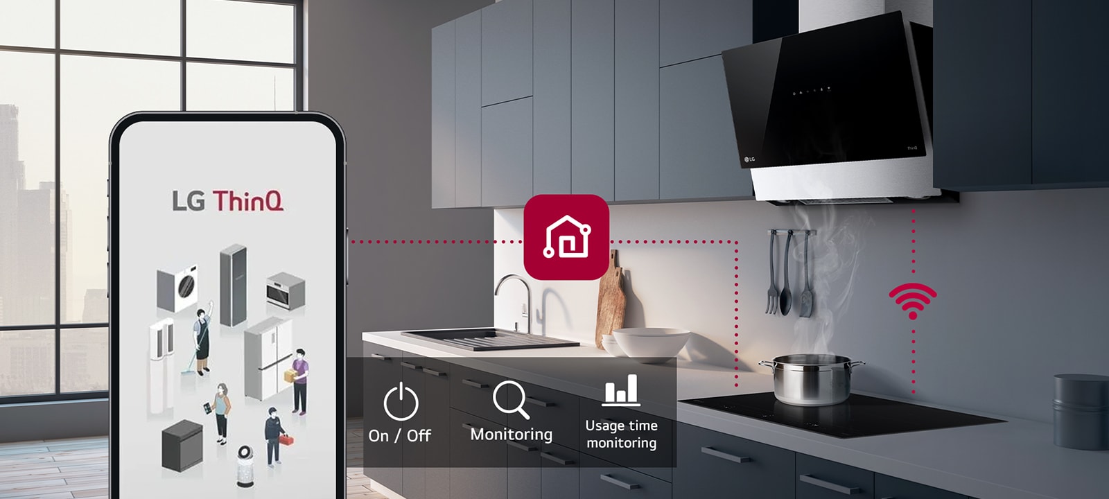 Obrázok indukčnej varnej dosky a smartfónu prepojených cez ThinQ. Je zobrazená ikona, ktorá vyjadruje funkcie ThinQ, Zapnutie/vypnutie, monitoring, monitoring doby použitia.