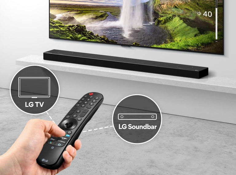 There is a remote control in someone's hand, controlling TV and soundbar in the back. There are icons of LG TV and LG Soundbar. 