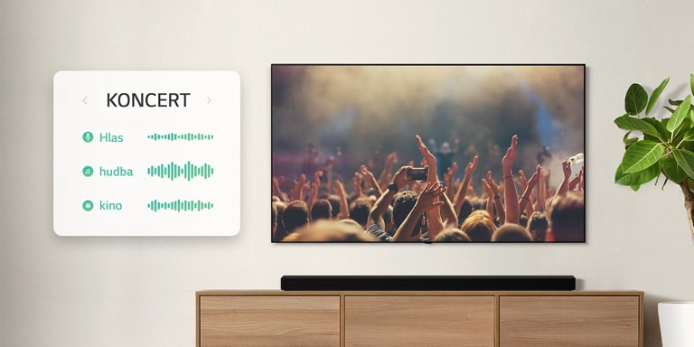 TV je umiestnený na stene. Na televízore sú tlieskajúci ľudia na koncerte. Kanál sa prepne na filmovú scénu, v ktorej ide auto cez les. Kanál sa znova prepne na správy, kde vystupuje hlásateľ. Soundbar LG sa nachádza priamo pod TV na béžovej poličke. (prehrať video)