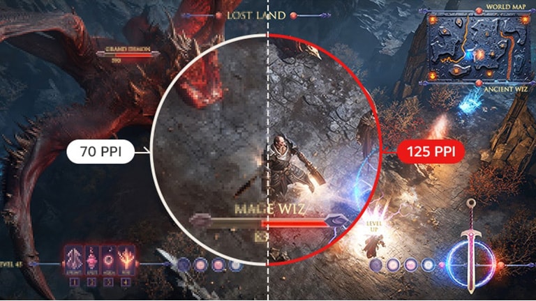 Scéna z hry znázorňujúca porovnanie 70 PPI a 125 PPI v oblasti vizuálnej zreteľnosti.	