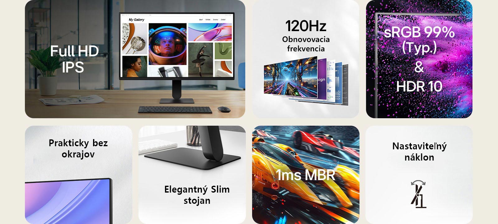 Prehľad funkcií monitora vo forme mriežky s vyznačením kľúčových špecifikácií: Full HD IPS displej, obnovovacia frekvencia 120 Hz, sRGB 99% (typ.) s rozsahom HDR10, dizajn prakticky bez okrajov, tenký stojan, 1ms MBR (redukcia rozmazania pohybu), a nastaviteľný sklon. Každá funkcia je zobrazená pomocou reprezentatívneho obrázku alebo ikony.