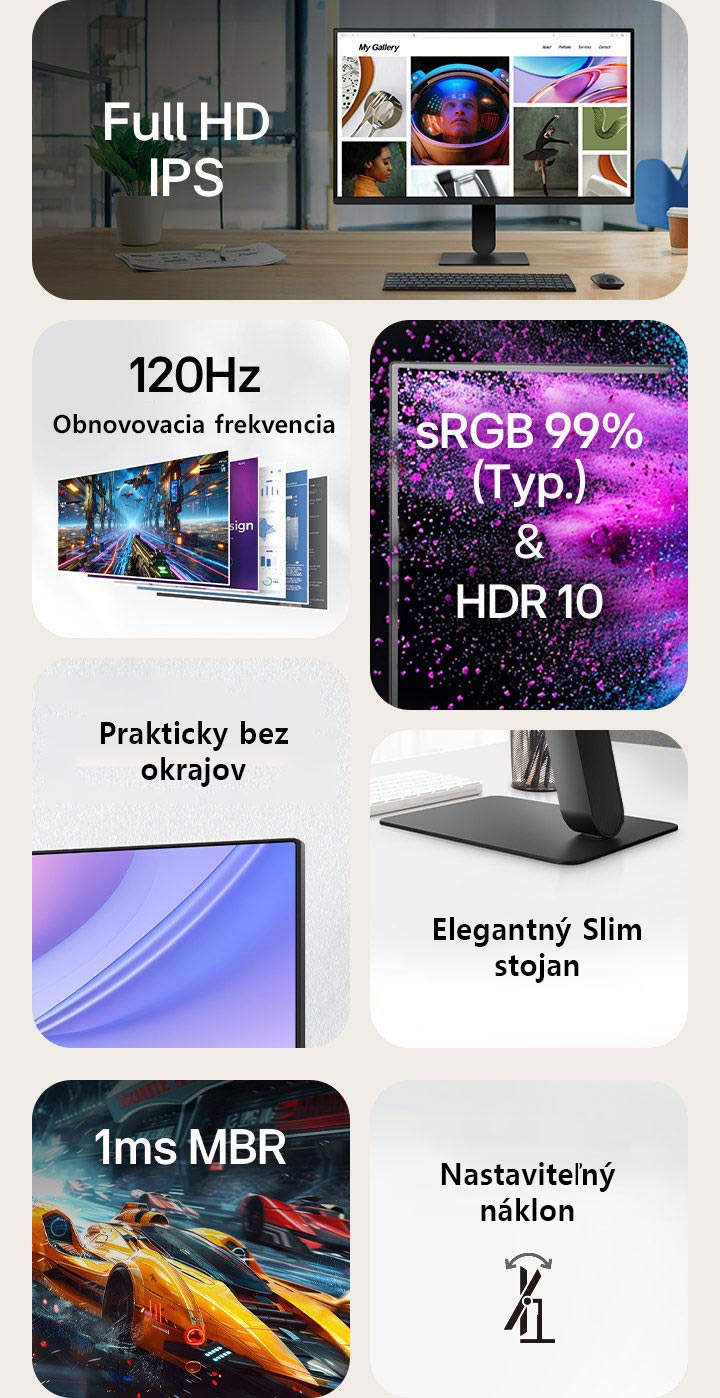 Prehľad funkcií monitora vo forme mriežky s vyznačením kľúčových špecifikácií: Full HD IPS displej, obnovovacia frekvencia 120 Hz, sRGB 99% (typ.) s rozsahom HDR10, dizajn prakticky bez okrajov, tenký stojan, 1ms MBR (redukcia rozmazania pohybu), a nastaviteľný sklon. Každá funkcia je zobrazená pomocou reprezentatívneho obrázku alebo ikony.