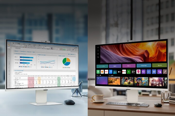 Fotografia predstavujúca monitory LG Smart v kancelárii a doma.