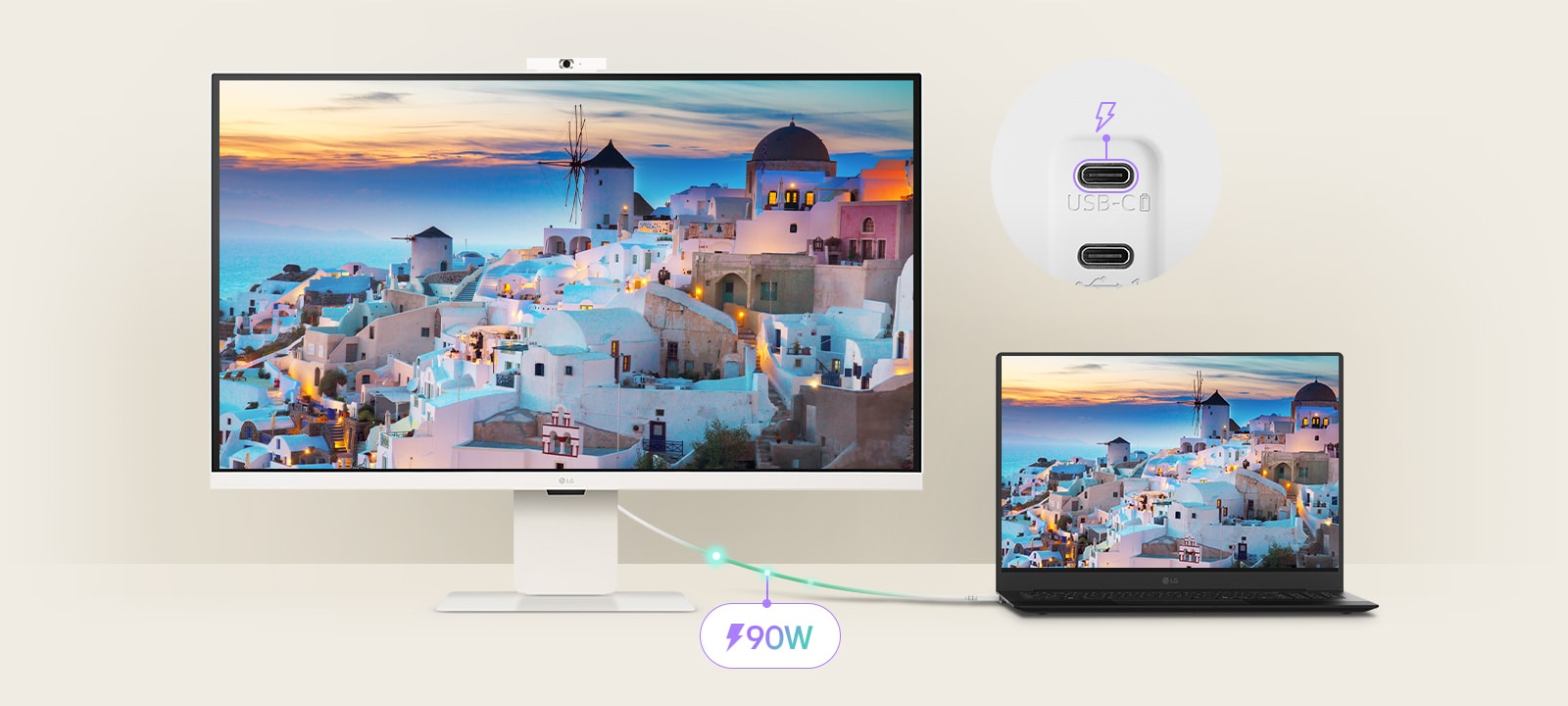 Laptop je pripojený k monitoru LG Smart Monitor cez USB-C. Nabíja sa prostredníctvom USB-C, pričom zobrazuje tú istú obrazovku.
