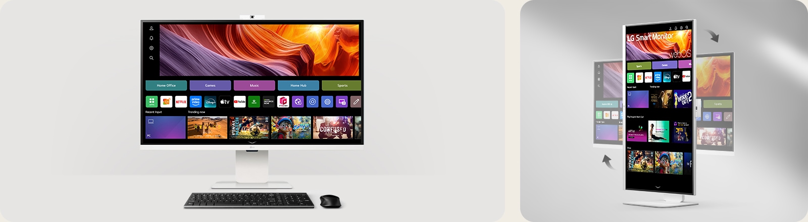 LG Smart Monitor na stole s klávesnicou a myšou zobrazujúci domovskú obrazovku systému webOS, zobrazený vedľa otočeného pohľadu zdôrazňujúceho prechod obrazovky medzi režimom na šírku a na výšku.