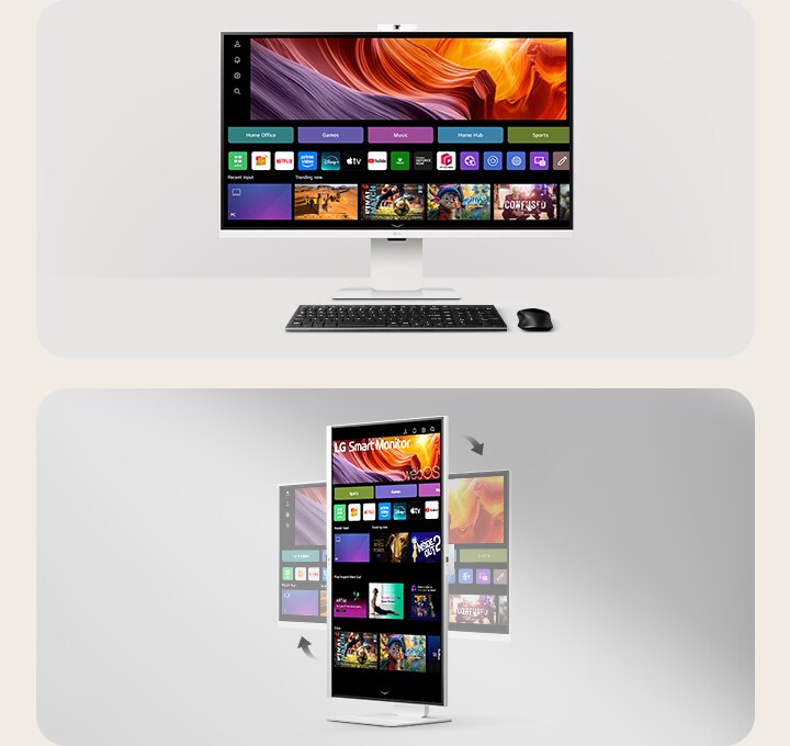 LG Smart Monitor na stole s klávesnicou a myšou zobrazujúci domovskú obrazovku systému webOS, zobrazený vedľa otočeného pohľadu zdôrazňujúceho prechod obrazovky medzi režimom na šírku a na výšku.