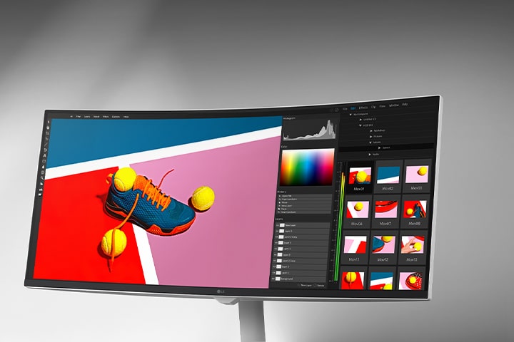 Zakrivený monitor zobrazujúci žiarivú zimnú scénu dvoch ľudí v oranžovej snežnej výbave, ukázaných v rozhraní softvéru na úpravu fotografií s nástrojmi farieb a stĺpcového diagramu, zdôrazňujúc podporu sRGB 99% a HDR.	