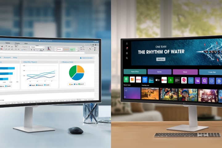 Fotografia predstavujúca monitory LG Smart v kancelárii a doma.	