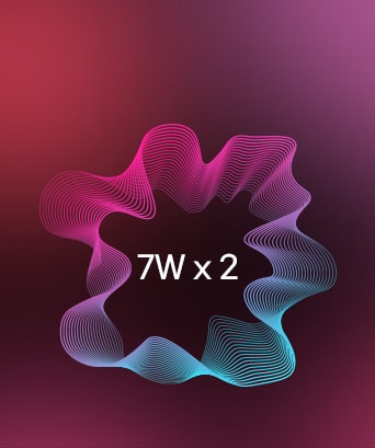 Grafická ilustrácia s farebnými vzormi zvukových vĺn obklopujúcich text „7W x 2“.	