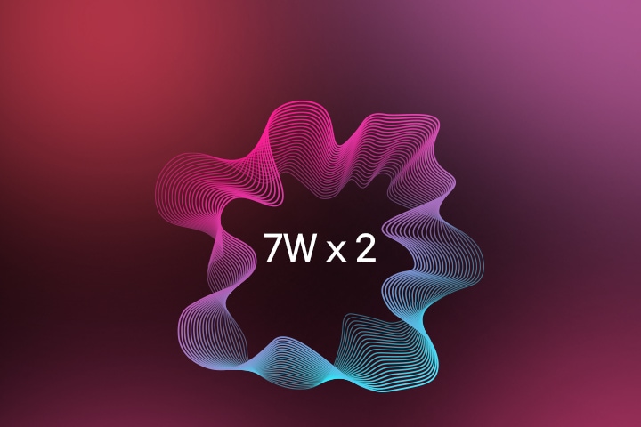 Grafická ilustrácia s farebnými vzormi zvukových vĺn obklopujúcich text „7W x 2“.	