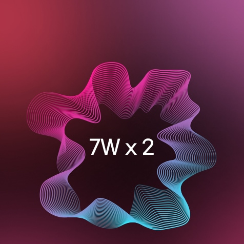 Grafická ilustrácia s farebnými vzormi zvukových vĺn obklopujúcich text „7W x 2“.	
