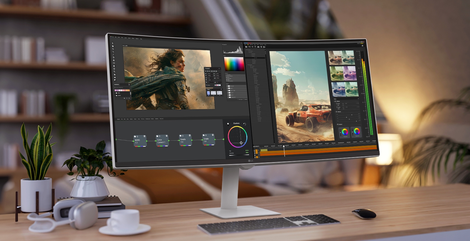Monitor na pracovnom stole vyobrazujúci softvér na úpravu videa s filmovými zábermi a nástrojmi odstupňovania farieb v útulnom prostredí domácej kancelárie.	